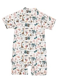 Kurzärmliger, gemusterter Einteiler mit verspielten Tieren wie Giraffen und Elefanten in sanften Pastellfarben auf weißem Hintergrund.