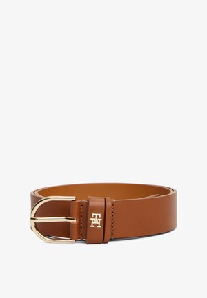 Brown leather belt with a smooth texture, featuring a gold-tone metal buckle and an embossed logo on the keeper.