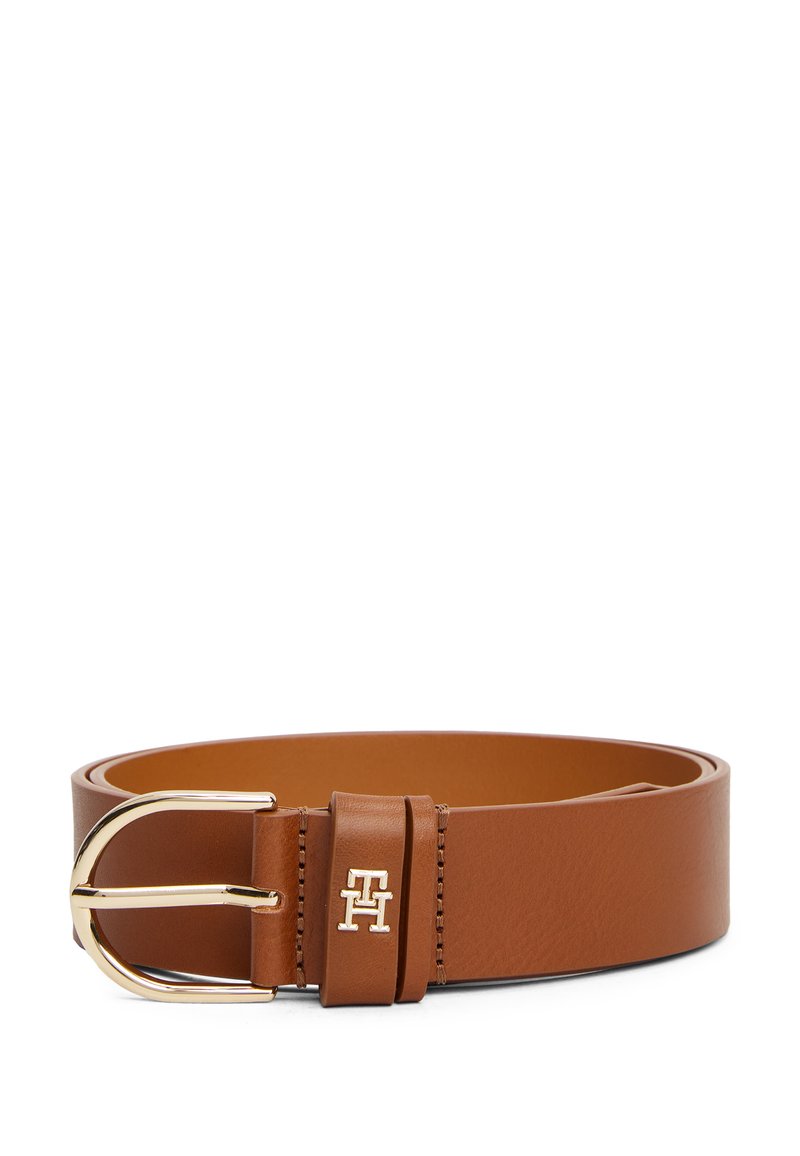 Brown leather belt with a smooth texture, featuring a gold-tone metal buckle and an embossed logo on the keeper.