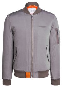Gray bomber jacket with front zipper, ribbed collar and cuffs, two front flap pockets, a zippered sleeve pocket, and orange inner lining.