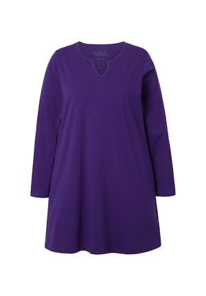 Paarse lange mouwen tuniek met een V-halsontwerp, gemaakt van een soepele stof, met een losse pasvorm en een effen kleur zonder patronen of accenten.