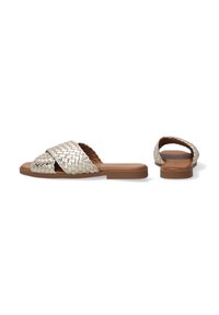 Woven slide sandals with a metallic finish, featuring a cross strap design. Light brown sole, flat heel, and textured upper surface.
