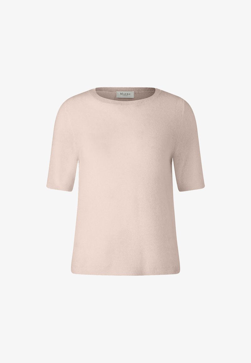 Short-sleeve, round-neck sweater in soft light pink. Made from a smooth knitted fabric with a relaxed fit and subtle texture.