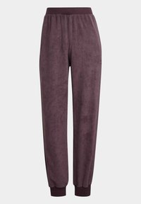 Lila, plyschtyg joggers med elastisk midja och muddar, med en slät yta och en avspänd passform.