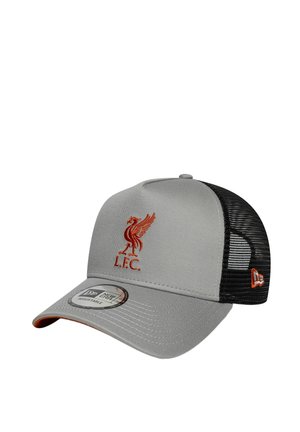 Gray and black baseball cap with red Liverpool FC logo on front and New Era adjustable sticker on the brim.