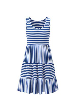 Mouwloze blauw-wit gestreepte jurk met ronde halslijn, aansluitend lijfje en gelaagde rok met afwisselend horizontale en verticale strepen.
