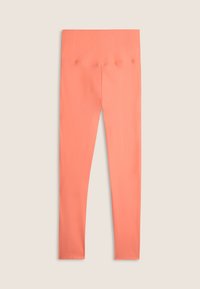 Leggings color coral hechos de un tejido suave y elástico. Presentan una cinturilla ancha y un diseño ajustado. Adecuados para diversas actividades.