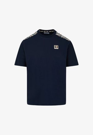 Camicia a maniche corte blu navy con motivo a quadretti sulle spalle e sul colletto, piccola patch con logo quadrato sul petto a sinistra.