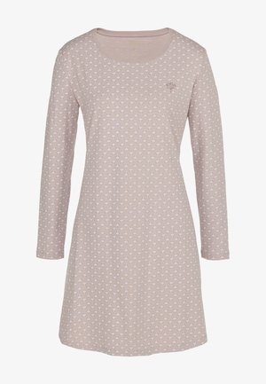 Langärmliges, hellmauves Nachthemd mit kleinem weißen geometrischen Muster und rundem Ausschnitt.