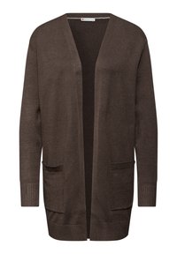 Brązowy kardigan z długim rękawem, wykonany z dzianiny, z otwartym przodem, dwoma przednimi kieszeniami oraz prążkowanymi mankietami i dołem.