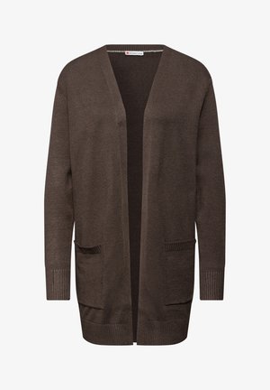 Mørkebrun langærmet cardigan lavet af strikstof, med åben front, to frontlommer og ribbede manchetter og kant.