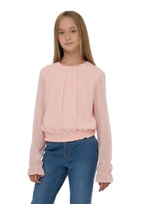 Blusa rosa a maniche lunghe con scollo rotondo, fronte plissé, vita elastica e polsini arricciati, decorata con un motivo di pois dorati.
