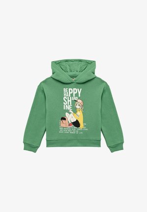Groene hoodie met een vooraanstaande afbeelding van een geïllustreerd personage. Tekst luidt "WEES GELUKKIG EN STRALEN." Gemaakt van katoen, met een zachte textuur.