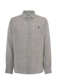 Camicia a maniche lunghe grigia chiara, in un tessuto strutturato, con colletto classico e un piccolo logo ricamato sul petto.