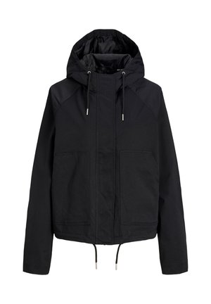 Veste noire à capuche avec poches avant, cordons à la capuche et à l'ourlet, manches longues et fermeture éclair frontale recouverte d'un rabat.