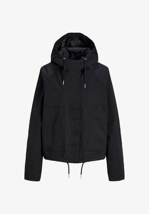 Veste noire à capuche avec poches avant, cordons à la capuche et à l'ourlet, manches longues et fermeture éclair frontale recouverte d'un rabat.
