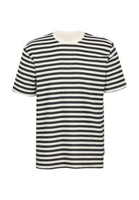 Gestreept T-shirt met horizontale marineblauwe en crèmekleurige strepen, ronde crewneck, korte mouwen en zachte, gestructureerde stof. Casual ontwerp.