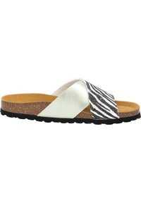 Kurkzool slide sandaal met kruisbanden in metallic zilver en zebra-gepatenteerd leer. Zwarte rubberen zool voor grip.