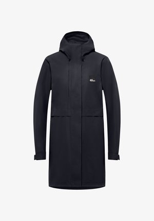 Schwarzer wasserdichter Mantel mit Kapuze, Fronttaschen und langen Ärmeln. Merkmale eine glatte Textur und ein Logo auf der Brust.