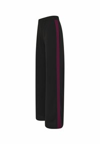 Pantaloni neri a gamba larga con una striscia laterale in un profondo bordeaux, realizzati in un tessuto morbido con una vita elastica per un maggiore comfort.