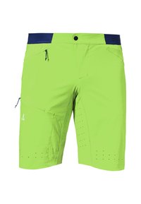 Limevihreät shortsit, joissa on tummansininen vyötärö, valmistettu kevyestä materiaalista. Sisältää vetoketjullisen sivutaskun ja rei'itettyjä yksityiskohtia hengittävyyden parantamiseksi.