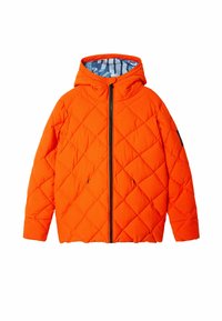 Giacca imbottita arancione con cappuccio, caratterizzata da un motivo a diamond, zip nera e dettagli blu all'interno. Presenti due tasche laterali.
