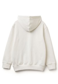 Felpa bianca con cappuccio, dotata di tasca a marsupio, polsini e orlo a coste. Tessuto morbido con una superficie liscia, design minimalista.