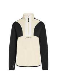 Quarter-zip pullover in crème en zwart, zacht materiaal, heeft zwarte mouwen en schouders, witte rits, O'Neill-logo aan de voorkant.