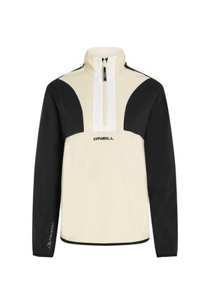 Viertelreißverschluss-Pullover in Creme und Schwarz, weicher Stoff, mit schwarzen Ärmeln und Schultern, weißem Reißverschluss und O'Neill-Logo auf der Vorderseite.