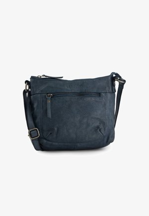 Dunkelblaues Leder-Crossbody-Tasche mit strukturiertem Finish, vorderer Reißverschlusstasche und verstellbarem Tragegurt. Mit dezenter Markenkennzeichnung an der Oberseite.