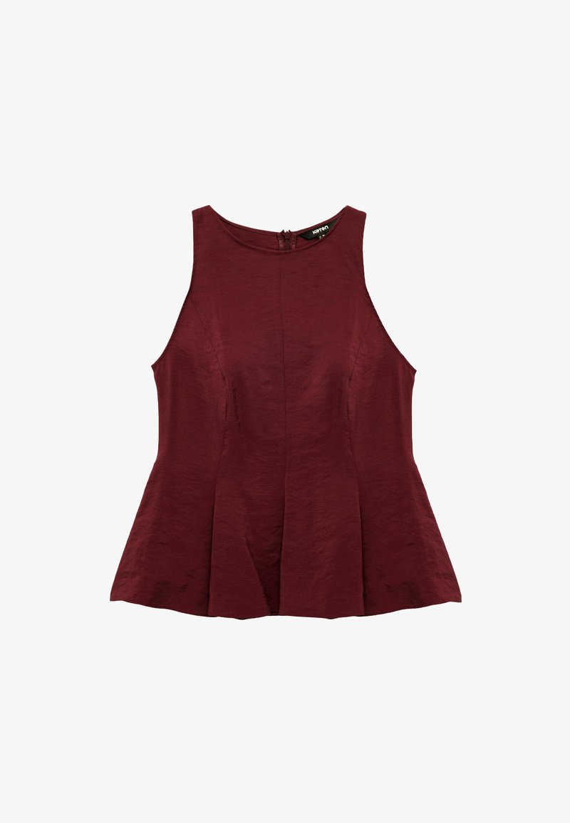 Top de peplum sin mangas en burdeos con escote redondo y cremallera en la espalda, que presenta una tela texturizada y un dobladillo inferior acampanado.