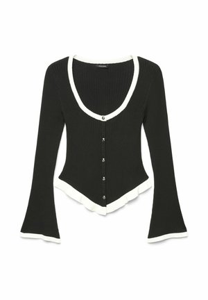 Cardigan nero a coste con maniche lunghe e rifinitura bianca lungo lo scollo, i polsini e l'orlo asimmetrico, con chiusura frontale con bottoni.
