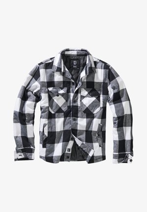 Black, white, and gray checkered long-sleeve jacket with two button-flap chest pockets and side hand pockets, open front with visible buttons.