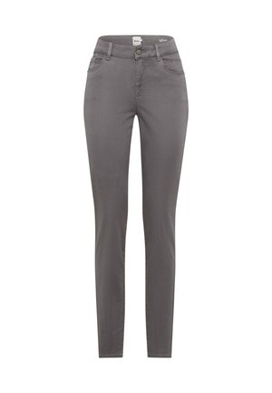 Jeans skinny grigi con vita media, dotati di chiusura con zip, bottone e cinque tasche. Tessuto in cotone misto morbido.
