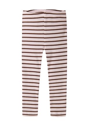 Leggings côtelés extensibles avec des rayures horizontales marron et roses pour enfant ou tout-petit.