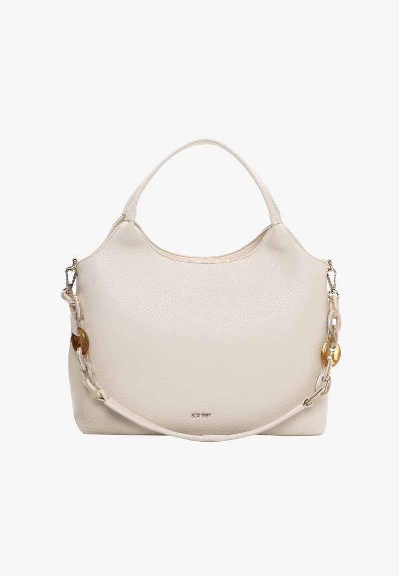 Helle beige Lederhandtasche mit strukturierter Oberfläche, ausgestattet mit einem glatten oberen Griff und einem dekorativen Kettenriemen mit goldfarbenen Akzenten.