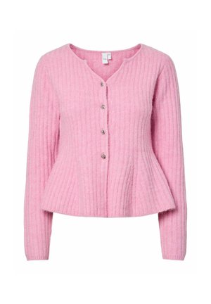 Roze geribde cardigan met een V-hals, zeven knopen aan de voorkant, lange mouwen en een peplumzoom voor een uitlopende silhouet.