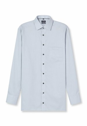 Hellblaues Hemd mit Knöpfen, langärmlig, klassischem Kragen und Fronttasche. Verfügt über schwarze Knöpfe und ein strukturiertes Streifenmuster.