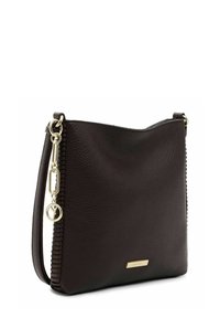 Dark brown leather crossbody bag with a textured finish, gold hardware, and a zipper detail along the side. Adjustable strap included.