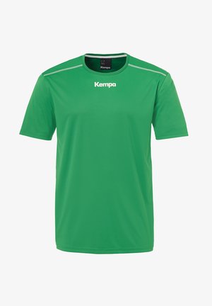 Grøn atletisk T-shirt lavet af letvægtsstof. Har korte ærmer, rund hals og hvide detaljer med "Kempa" logoet vist fremtrædende.