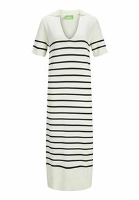 Vestido blanco con rayas horizontales negras, mangas cortas, escote en V y cuello. Fabricado en material de punto. Diseño simple y estilizado.