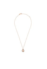 Collar de medallón de oro rosa con un charm circular que presenta un diseño minimalista, acentuado por un borde texturizado, sobre una delicada cadena.