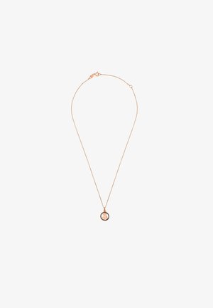 Naszyjnik z różowego złota z okrągłym zawieszką o minimalistycznym designie, podkreślonym teksturowaną bordiurą, zawieszony na delikatnym łańcuszku.