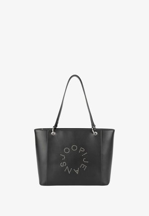 Borsa tote nera in materiale sintetico con borchie argento che formano un logo circolare sul davanti, due manici a spalla e una texture liscia opaca.