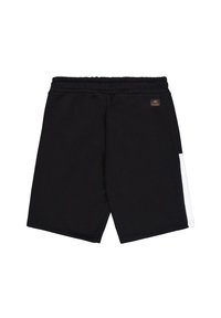 Shorts noirs en tissu doux, dotés d'une taille élastique et d'un panneau latéral blanc. Comprend une petite étiquette avec le logo à l'arrière.