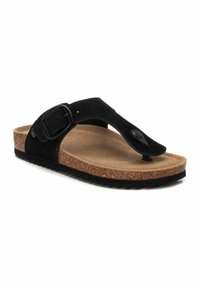 Chancla de ante negro con plantilla de corcho, correa ajustable y suela de goma texturizada para un mejor agarre.