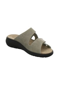 Gray suede open-toe slide sandal with two wide straps and a thick black sole, designed for casual and comfortable wear.