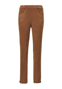 Pantalons en tissu marron avec une texture douce, présentant une coupe slim, une taille standard avec passants de ceinture, et deux poches avant.