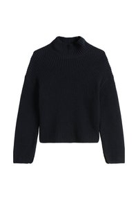 Dark navy ribbed knit sweater with a high collar and dropped shoulders; features a cropped length and textured fabric.