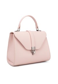 Borsa a tracolla in eco pelle rosa con forma strutturata, chiusura a patta e dettagli in metallo silver. Caratterizzata da un manico superiore e una superficie testurizzata.